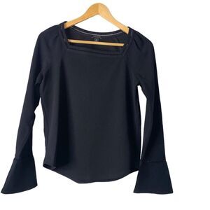 Ann Taylor Top Women Size XS Black Square Neckline Fluted Sleeve Blouse #